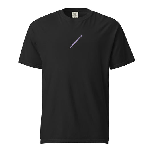 Black Comfort Colors t-shirt with a purple crochet hook on the front