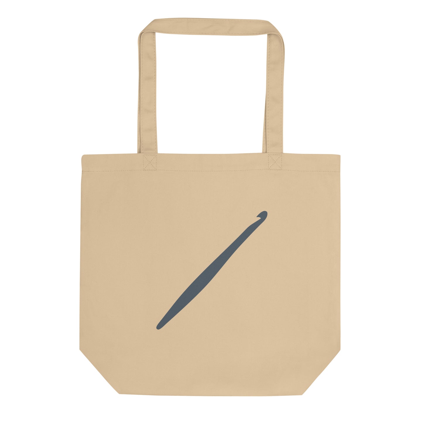 Oyster organic cotton tote bag with a minimal slate crochet hook design printed on the front.