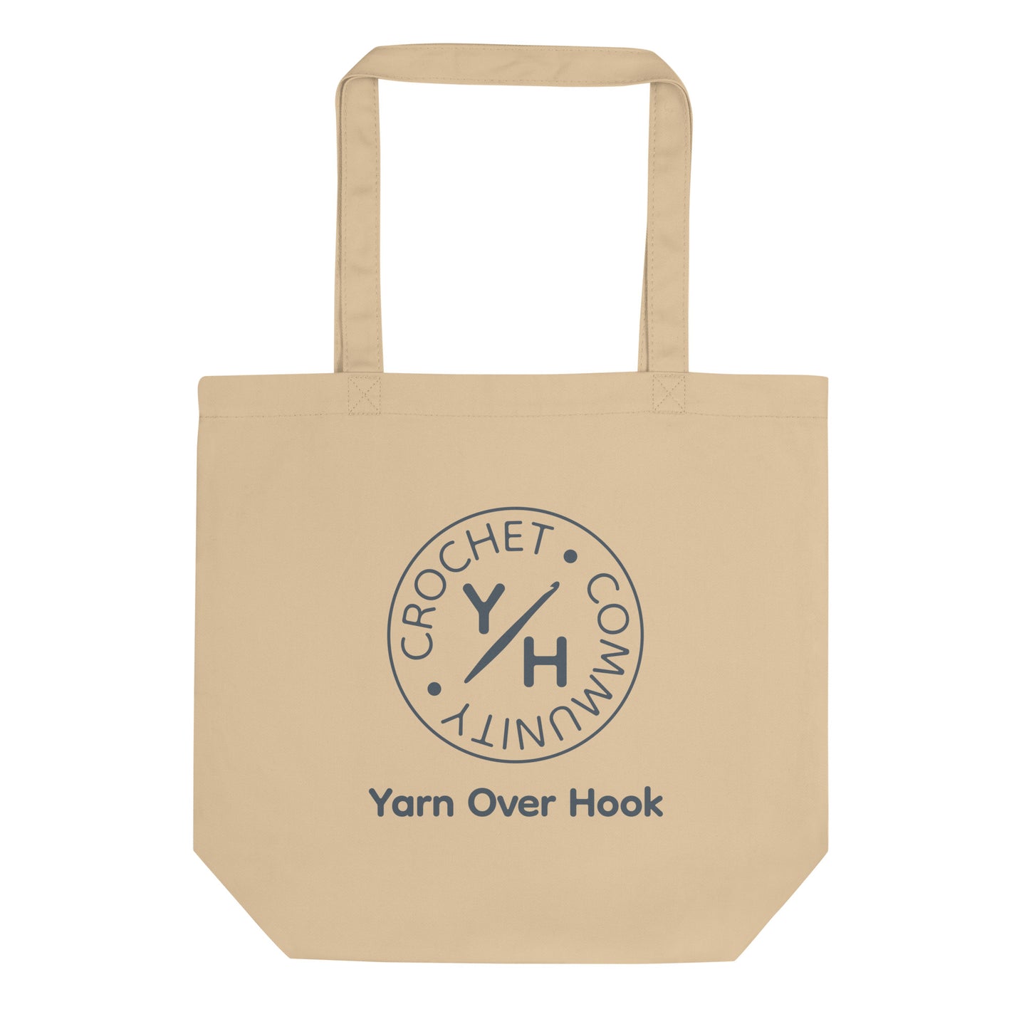 Oyster organic cotton tote bag with Yarn Over Hook Crochet Community logo printed in slate on the front.