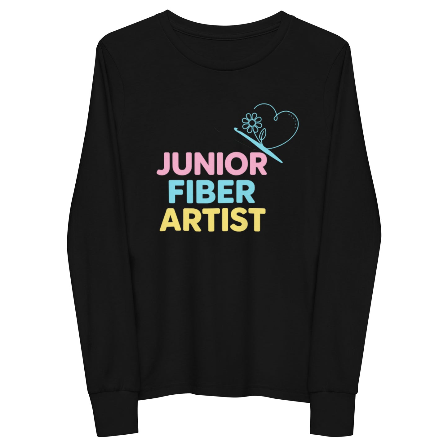 Junior Fiber Artist Youth Long Sleeve Tee – front view flat lay with colorful crochet-themed design