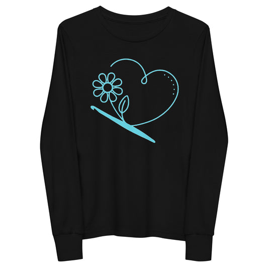 Youth long sleeve black tee featuring a bright blue minimalist heart, flower, and crochet hook line-art design.