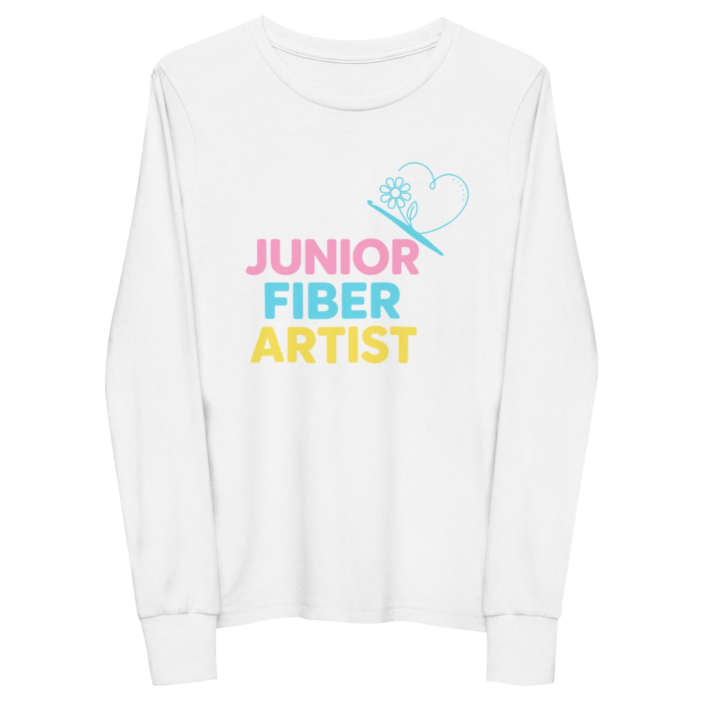 Junior Fiber Artist Youth Long Sleeve Tee – front view flat lay with colorful crochet-themed design